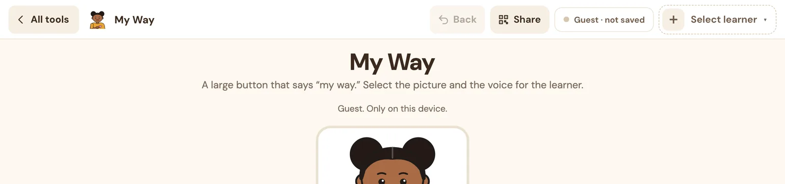 My Way top bar with a Guest · not saved label and a Select learner button