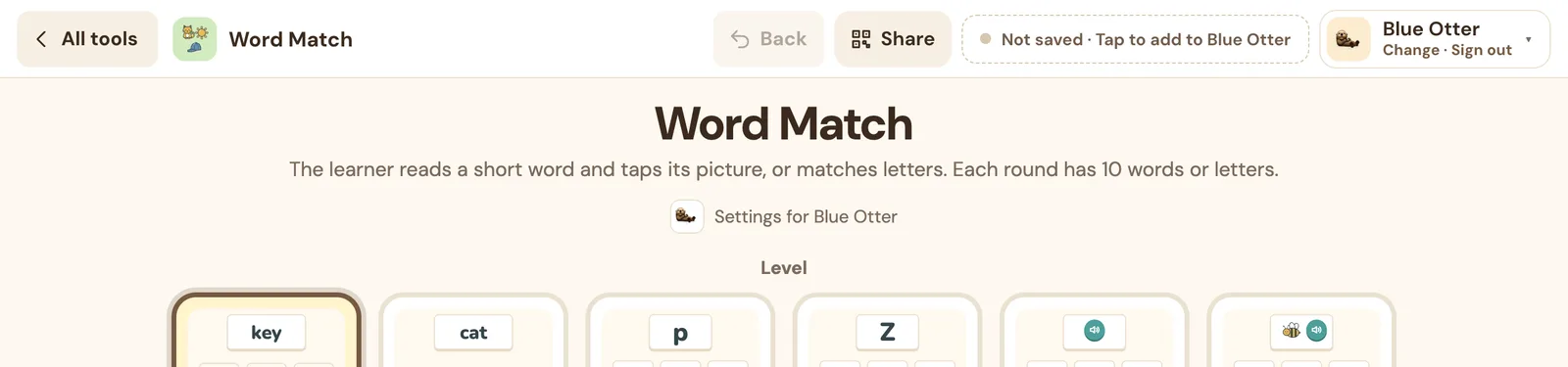 Word Match top bar with a Not saved · Tap to add to Blue Otter button