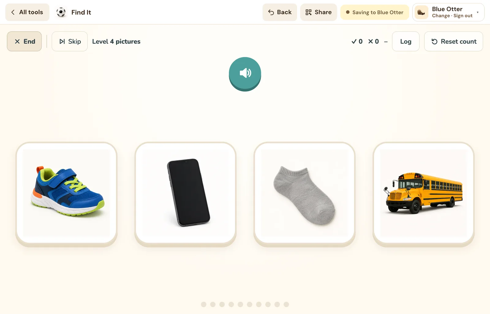 Find It activity with a green Saving to Blue Otter label in the top bar