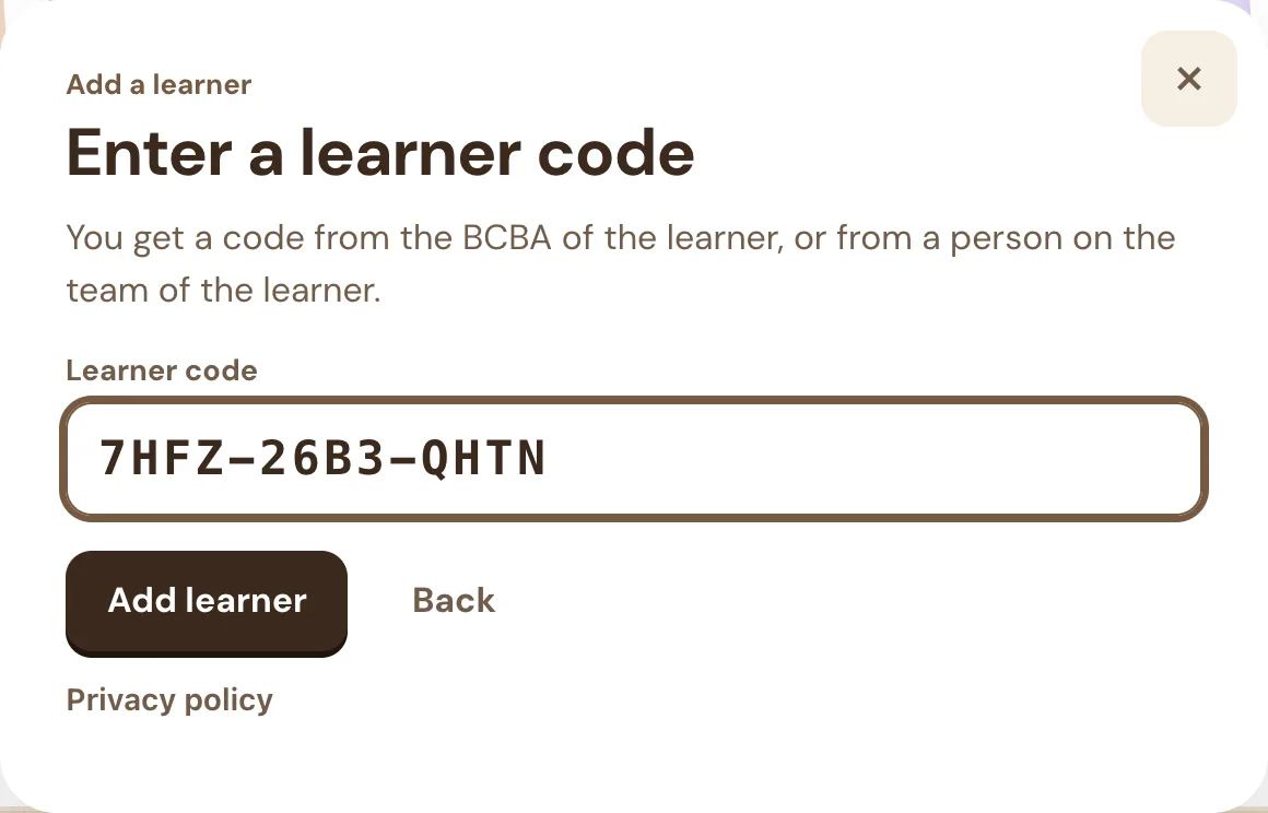 Enter a learner code dialog with a code typed in and an Add learner button