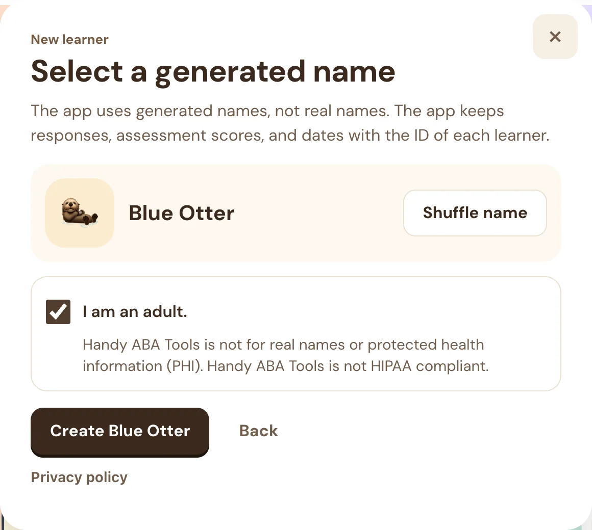 Select a generated name dialog showing Blue Otter with Shuffle name, the ticked adult statement, and a Create Blue Otter button