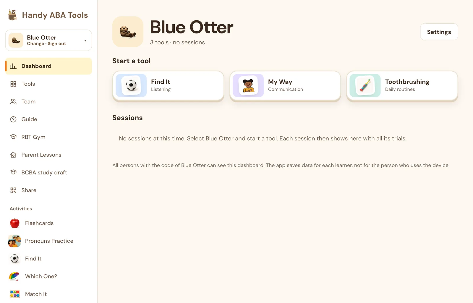 Blue Otter’s dashboard with a Settings button and cards for Find It, My Way, and Toothbrushing under Start a tool