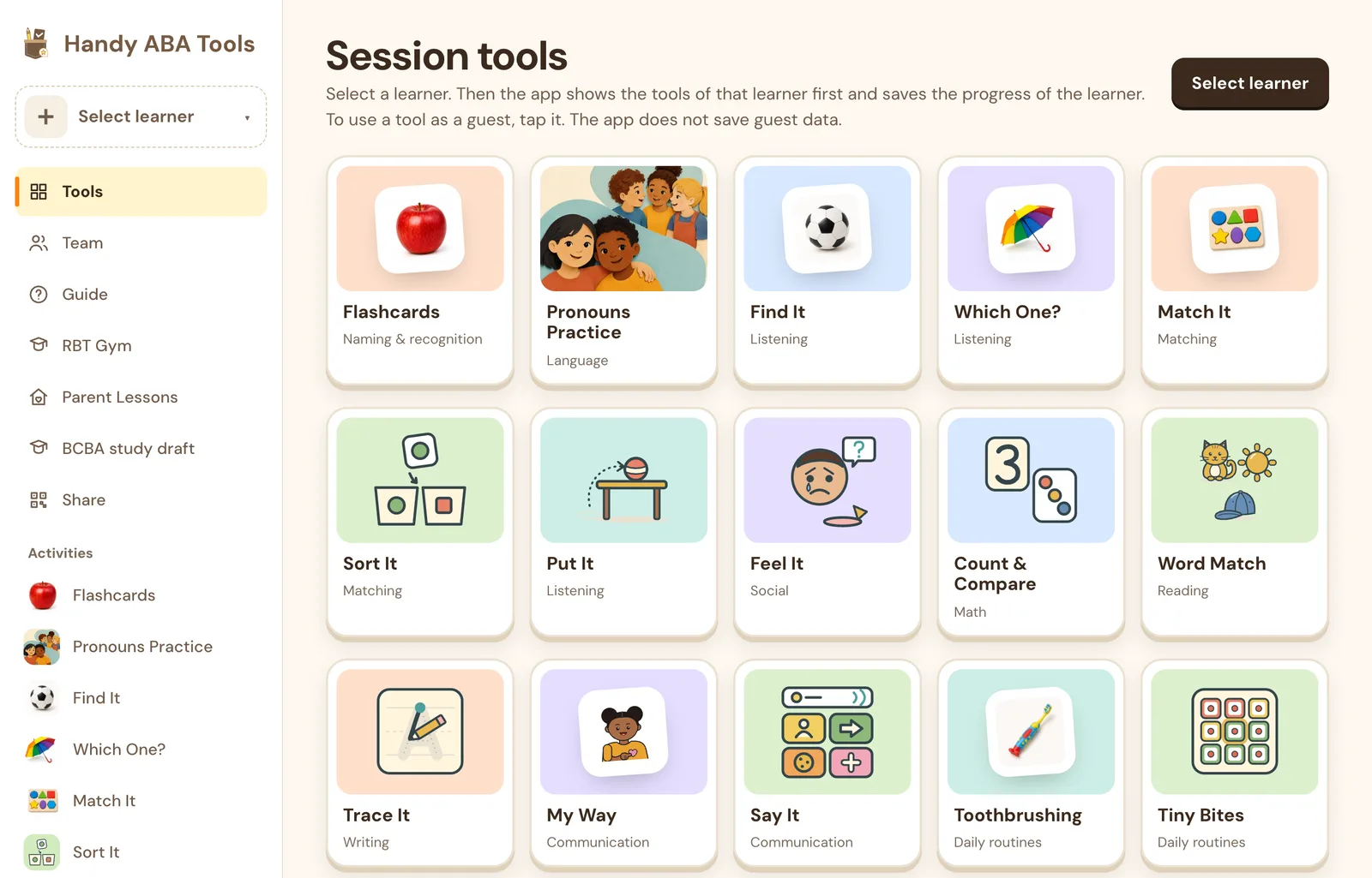 Handy ABA Tools home page with a Select learner button above a picture card for each learner activity