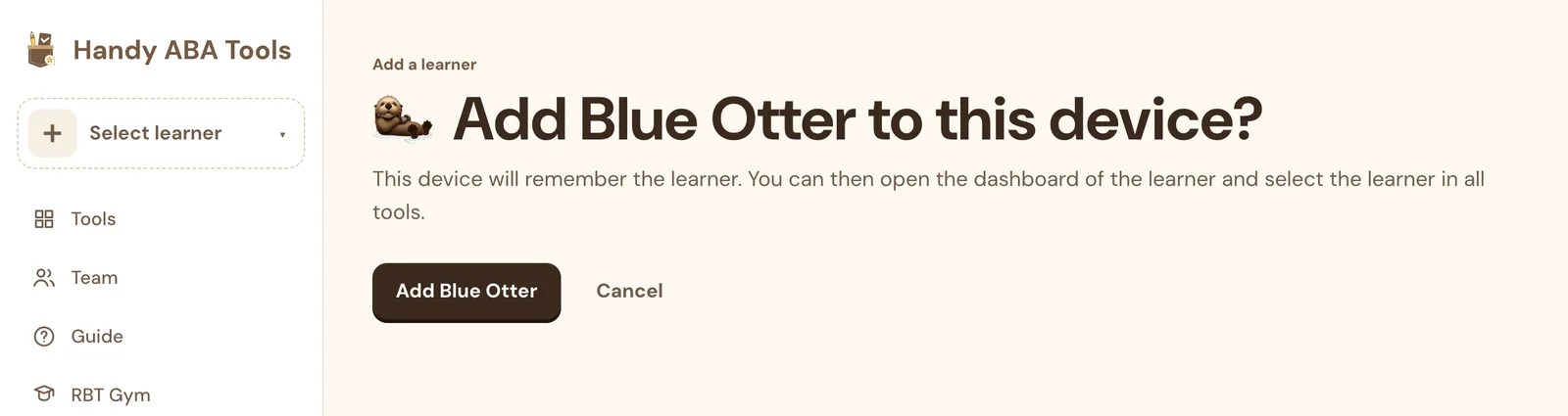 Join page asking Add Blue Otter to this device? with Add Blue Otter and Cancel buttons