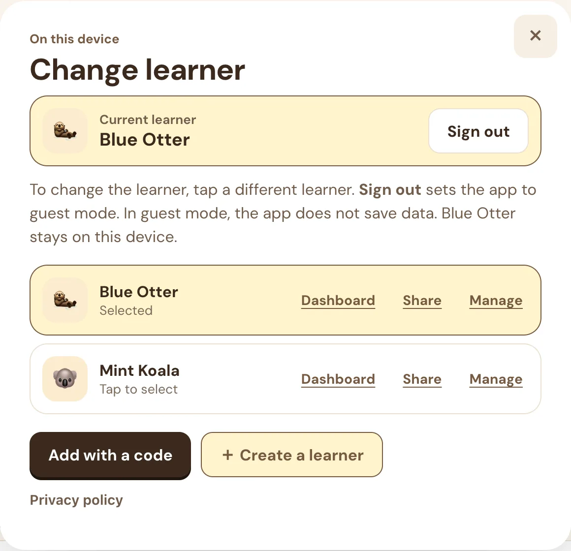 Learner menu: Current learner Blue Otter and a Sign out button at the top, then Blue Otter selected and Mint Koala below, each with Dashboard, Share, and Manage