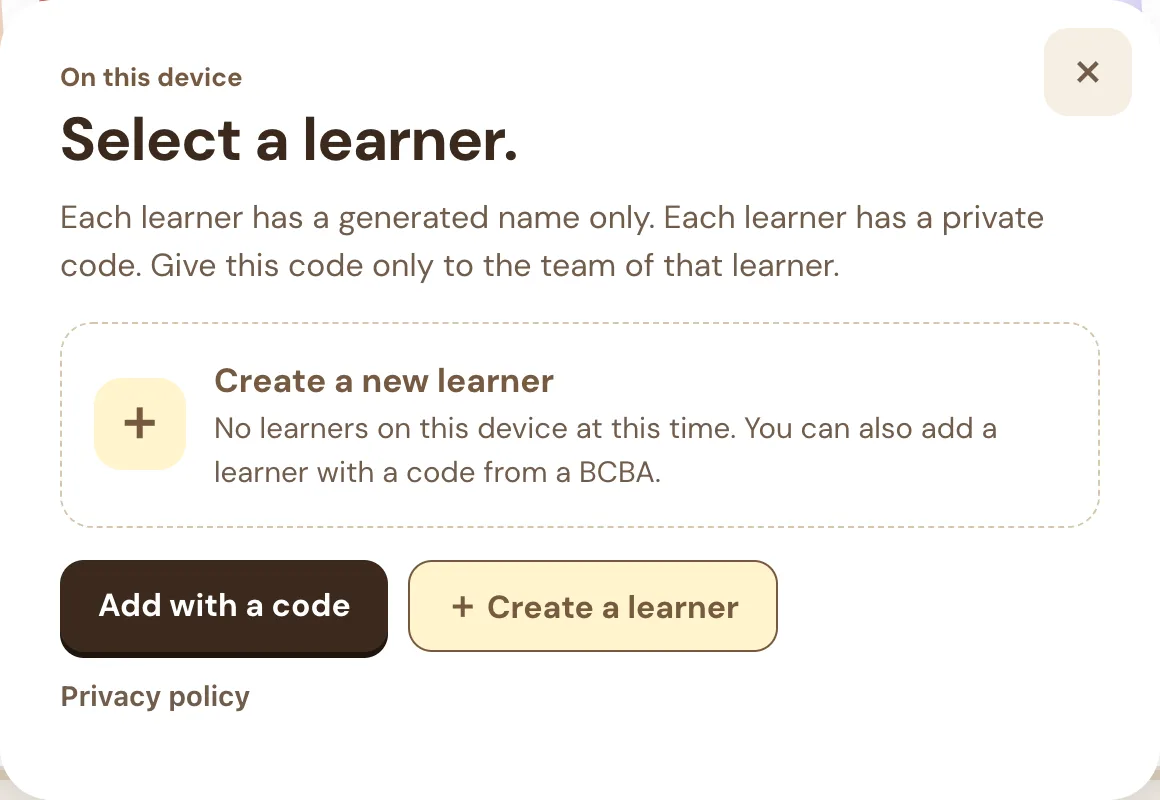 Learner menu with no learners, showing Create a new learner, Add with a code, and Create a learner buttons