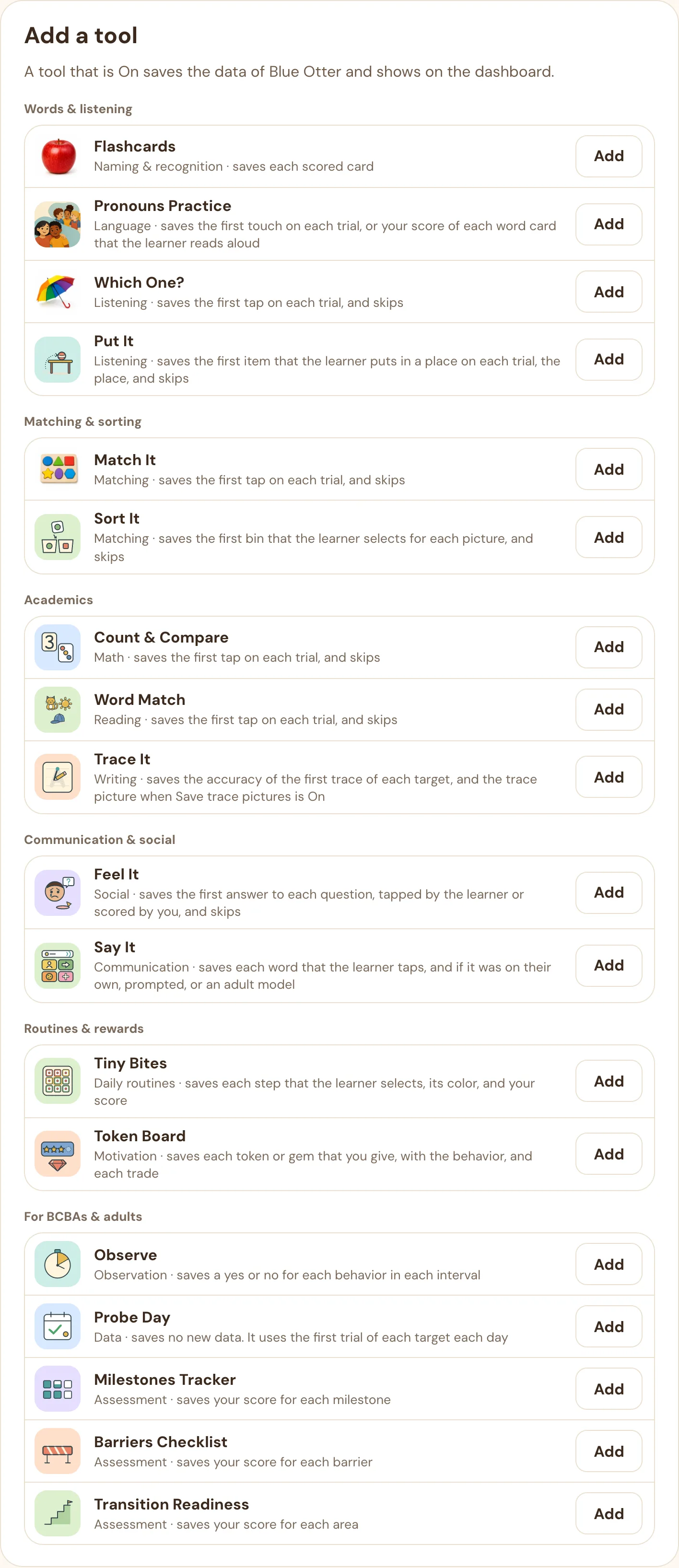 The Add a tool section of Settings for Blue Otter, with the tools that are off in groups by skill area, each with an Add button