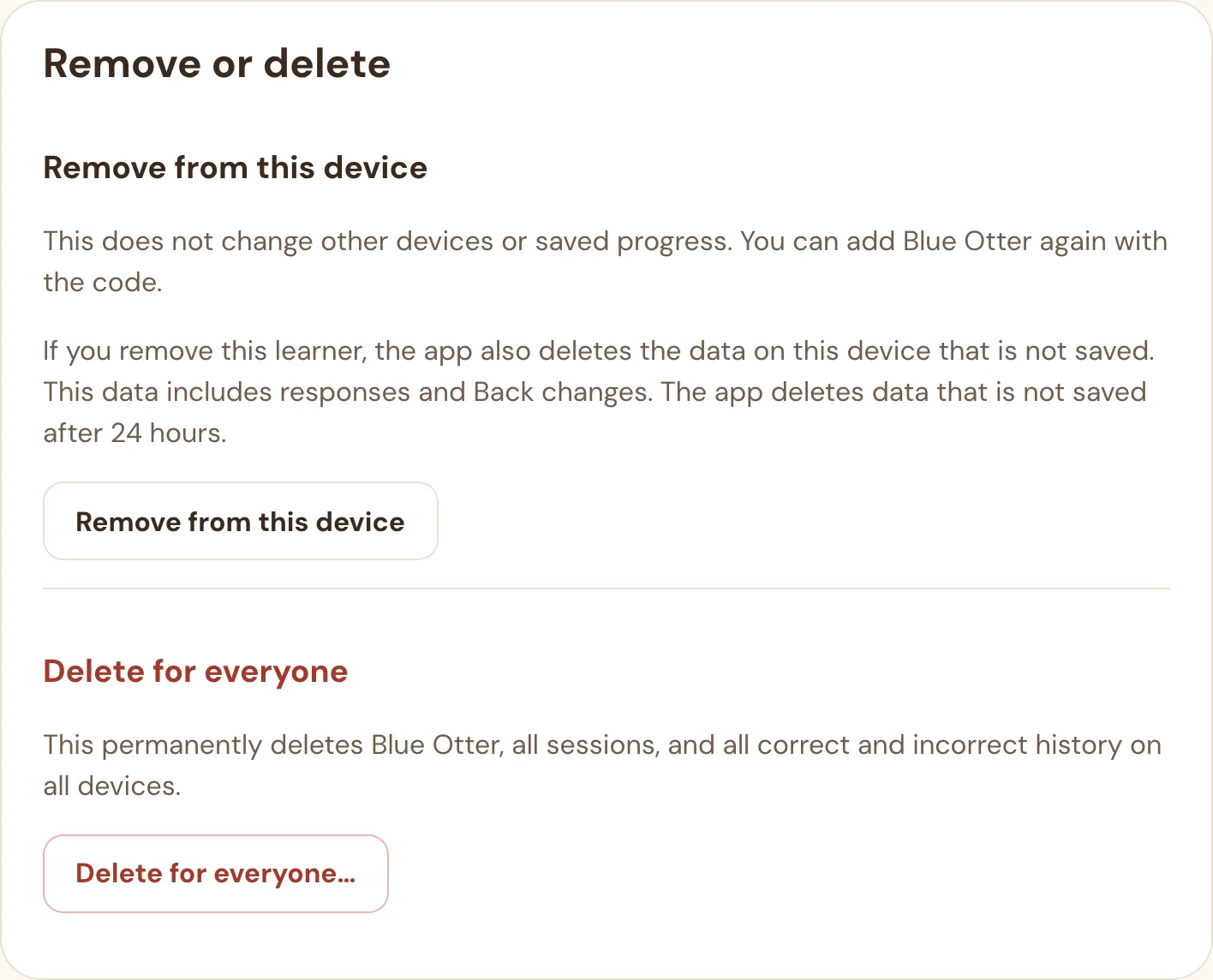 The Remove or delete section of Settings with Remove from this device and Delete for everyone