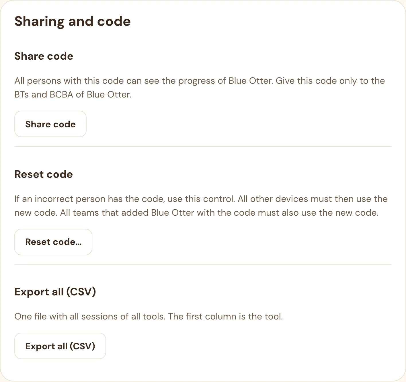 The Sharing and code section of Settings with Share code, Reset code, and Export all (CSV)