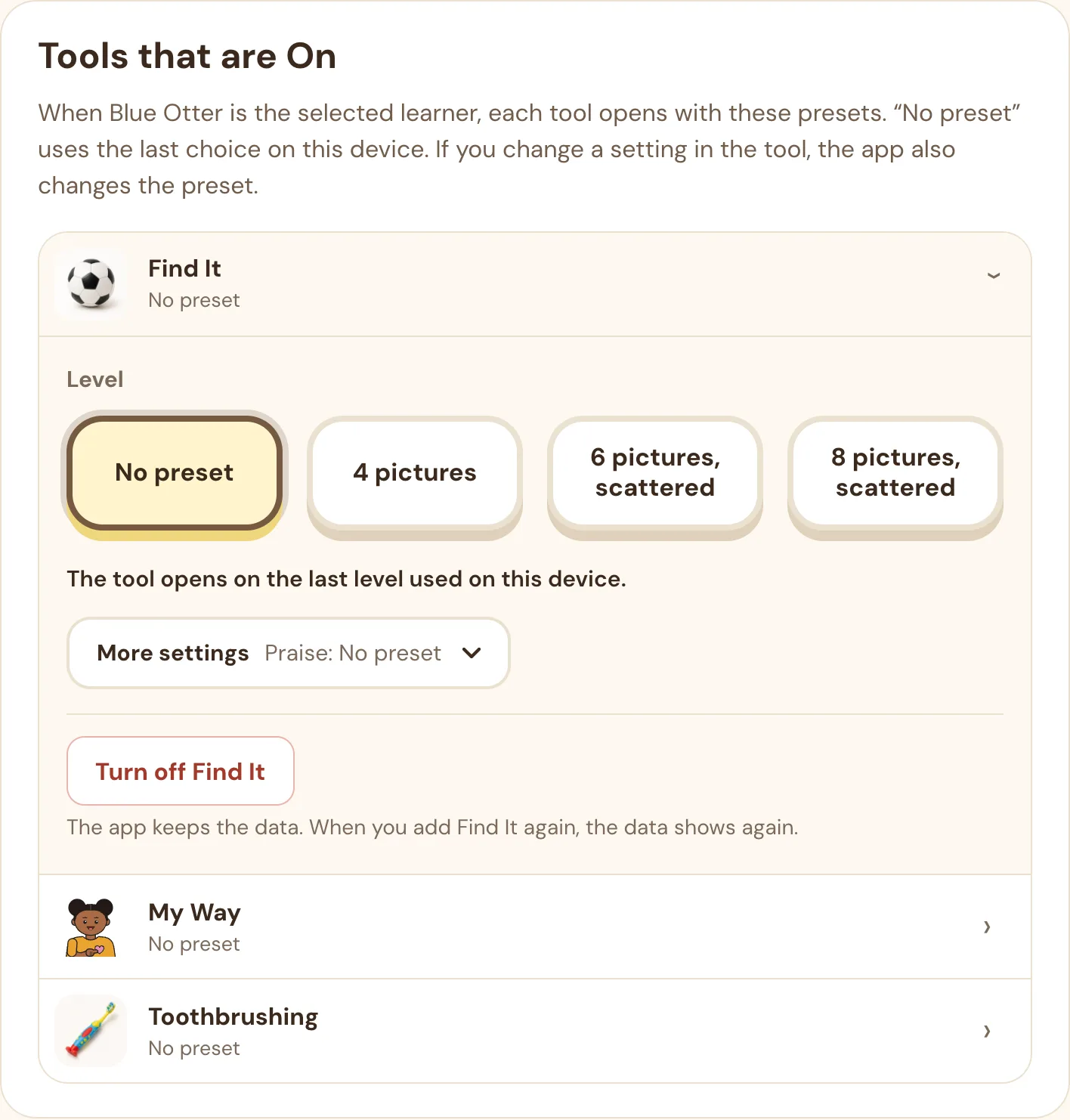 Tools that are On for Blue Otter: Find It open with level cards for No preset, 4 pictures, 6 pictures scattered, and 8 pictures scattered, More settings, and Turn off Find It