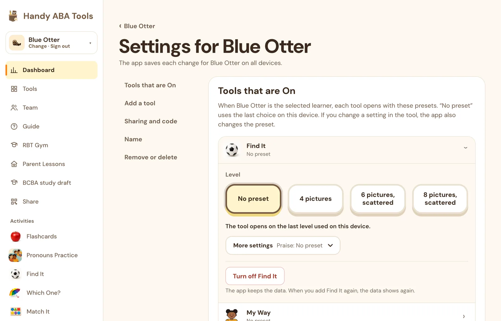 Settings for Blue Otter: a list of the sections on the left, and Tools that are On with Find It open