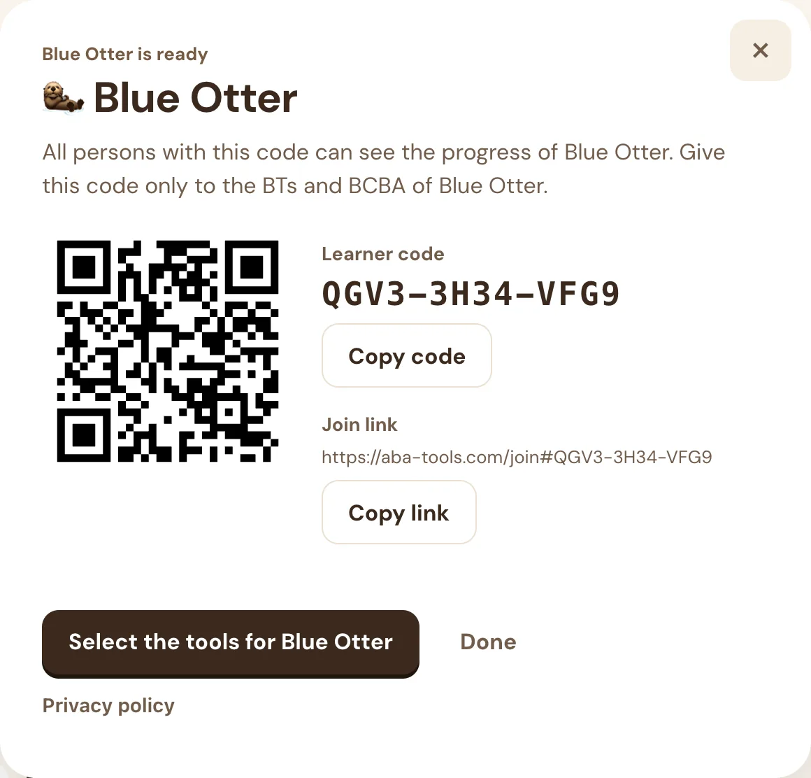 Blue Otter is ready dialog with a QR code, the learner code, a join link, and a Select the tools for Blue Otter button