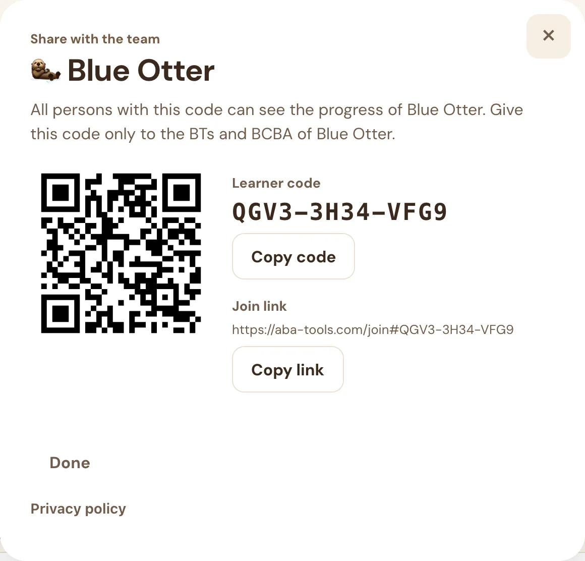 Share dialog with the QR code, learner code, Copy code, join link, and Copy link