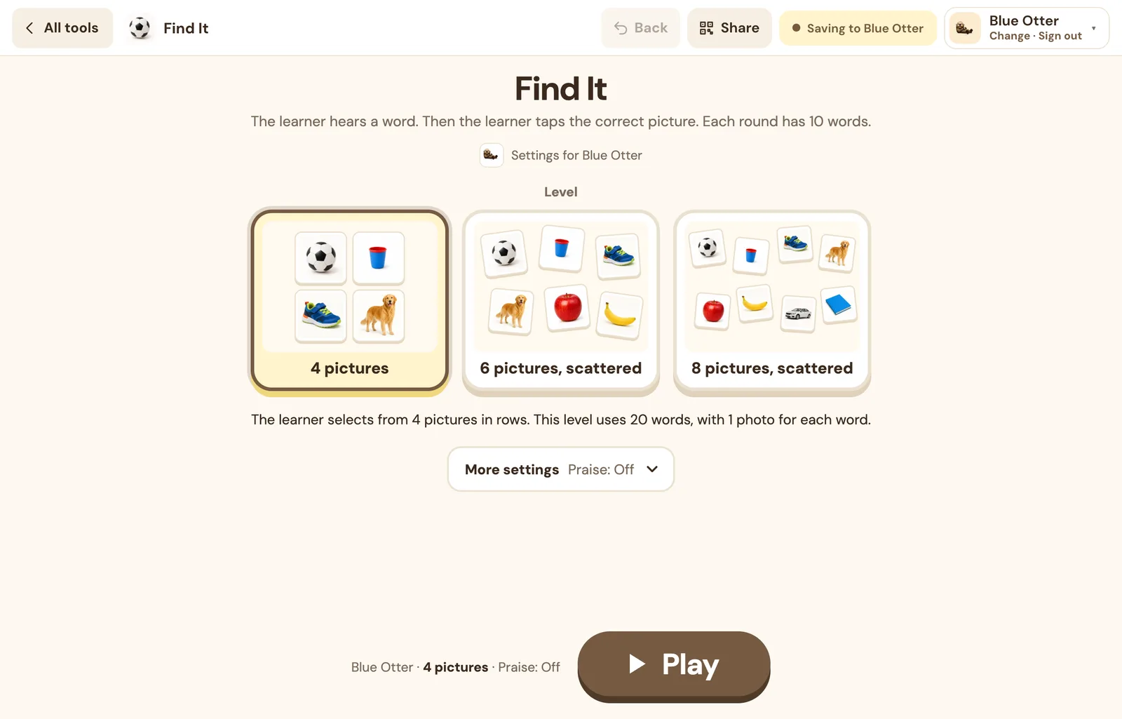 Find It setup screen: Settings for Blue Otter, three level cards, the help for the selected level, More settings with Praise: Off, and a Play bar at the bottom